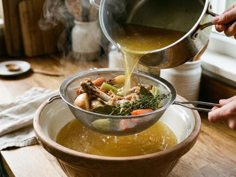 Golden homemade chicken stock strained through a fine mesh sieve into a bowl