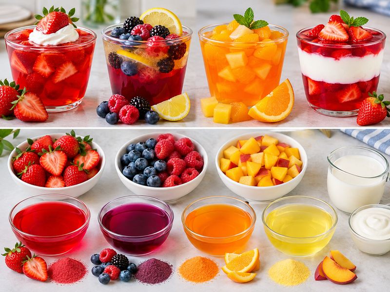 Four Jello dessert variations with berries orange and Greek yogurt