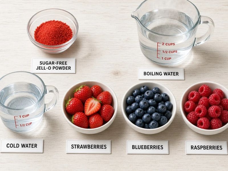 Ingredients for Jello weight loss recipe with sugar-free gelatin and berries