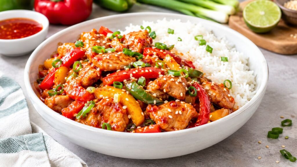 Sweet chilli chicken with glossy garlic chilli sauce, colorful bell peppers, sesame seeds, green onions, and steamed rice