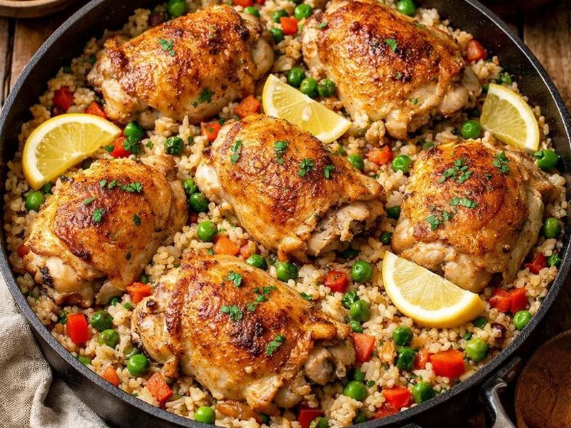 One pan chicken and rice served in a bowl with vegetables, parsley, and lemon