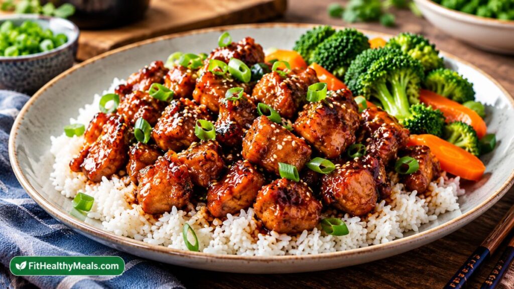 Easy bourbon chicken recipe served over steamed rice